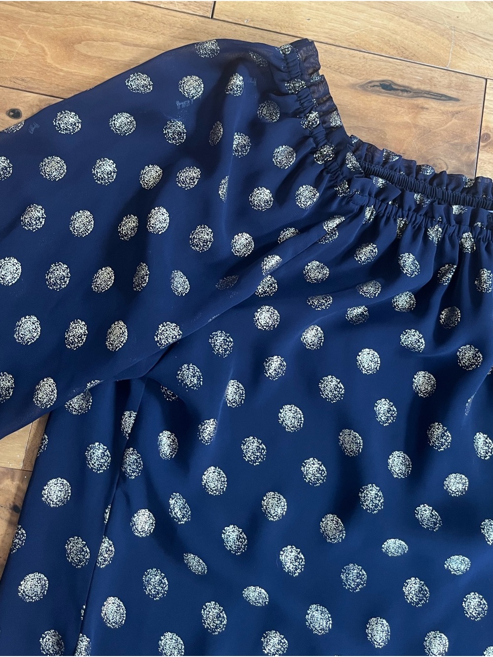 Joseph Ribkoff Navy and Gold Polka Dot Off-Shoulder Pillow Sleeve Ruffle Blouse - Picture 5 of 12
